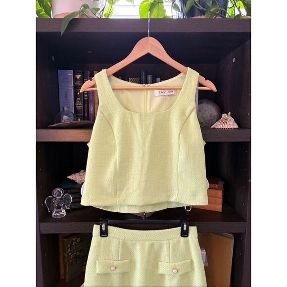 NWT Taylor Lime Green Tweed 2 Piece Mini Skirt & Top Set Size 6 - Picture 8 of 9